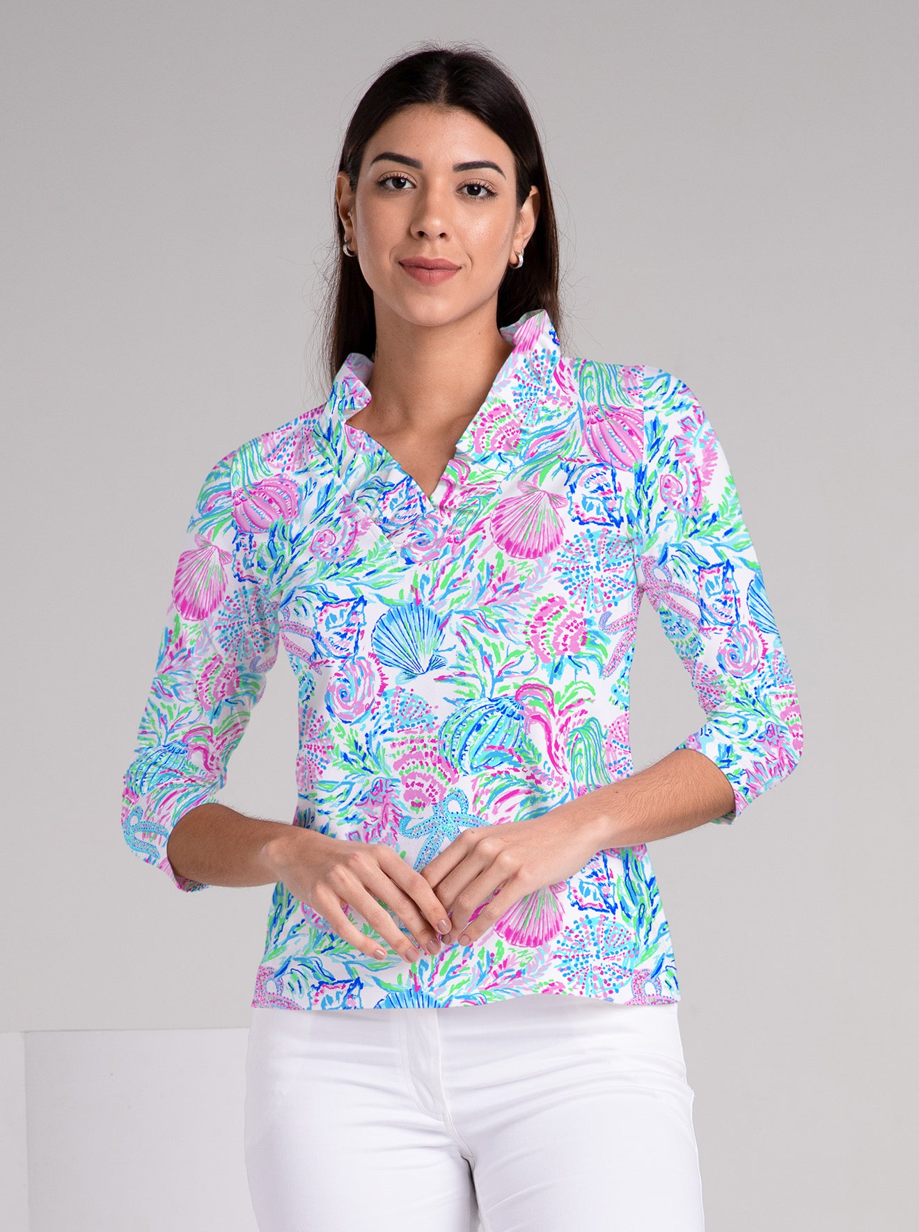 Bimini Reef print cotton Knit 3/4 Sleeve Ruffle Portrait Neck Top – Rezobay