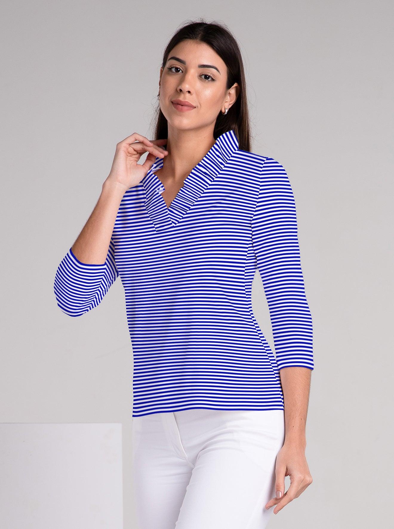 Verona Stripe print cotton Knit 3/4 Sleeve Ruffle Portrait Neck Top