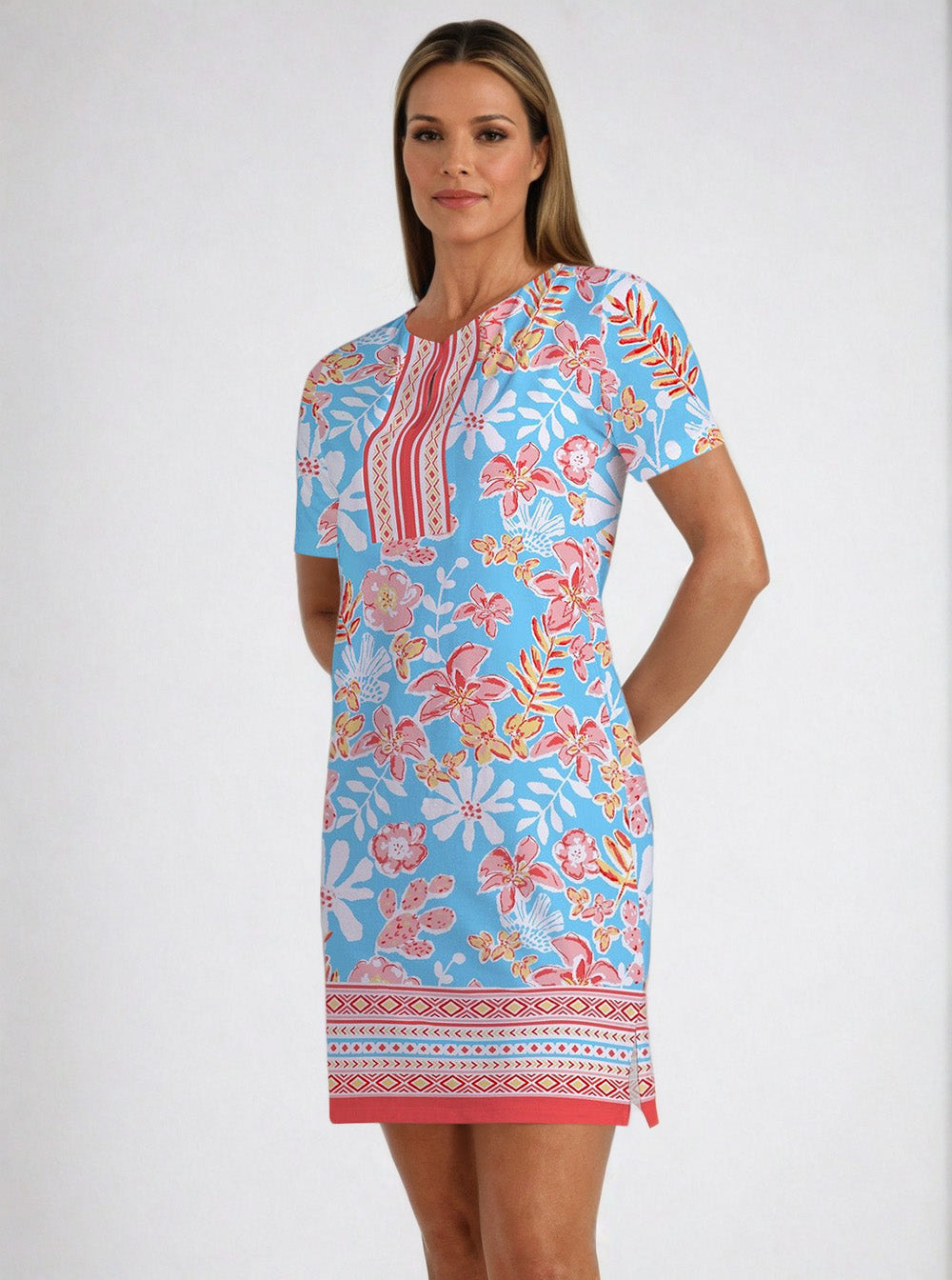 Paradise Island Print Cotton Knit Half Sleeve Slit Neck Dress (Regular   Rezobay