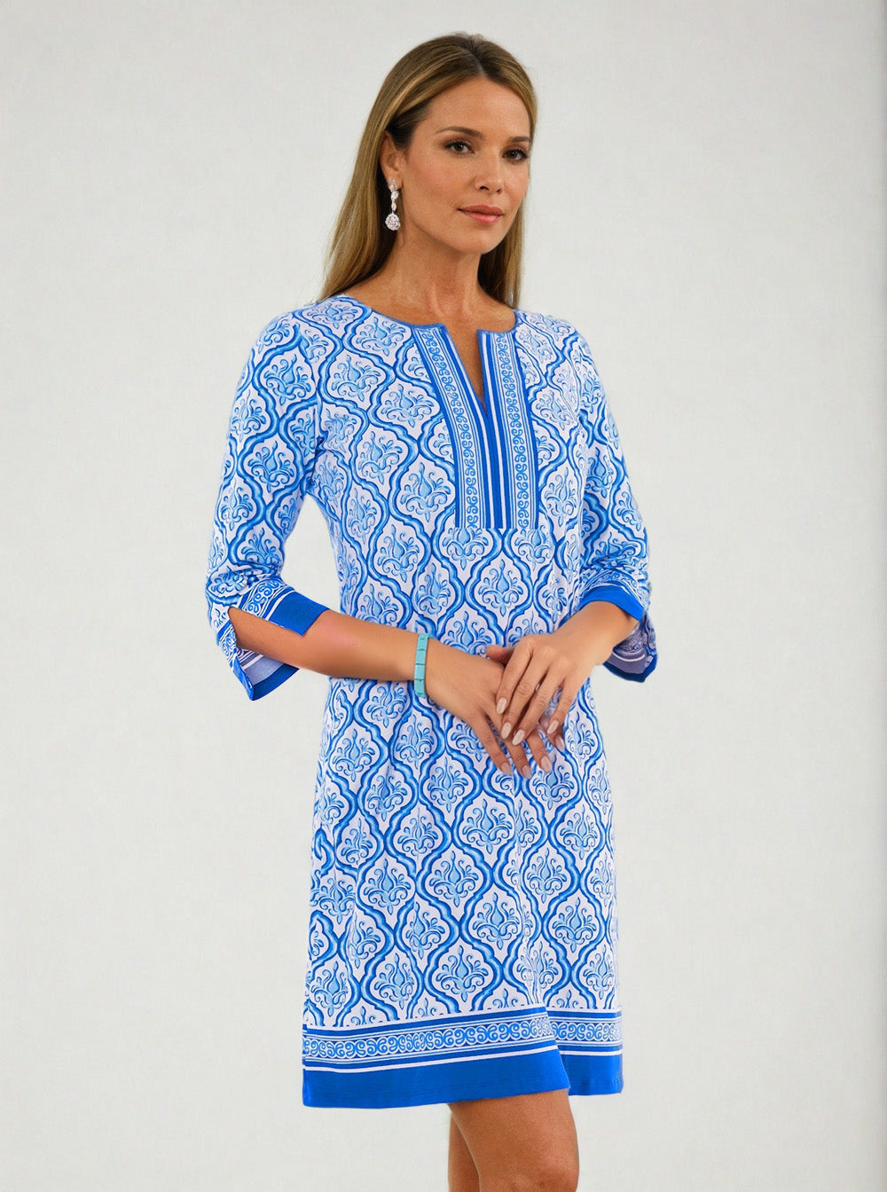 karizma Print Cotton Knit 3/4 Sleeve Slit Neck Dress