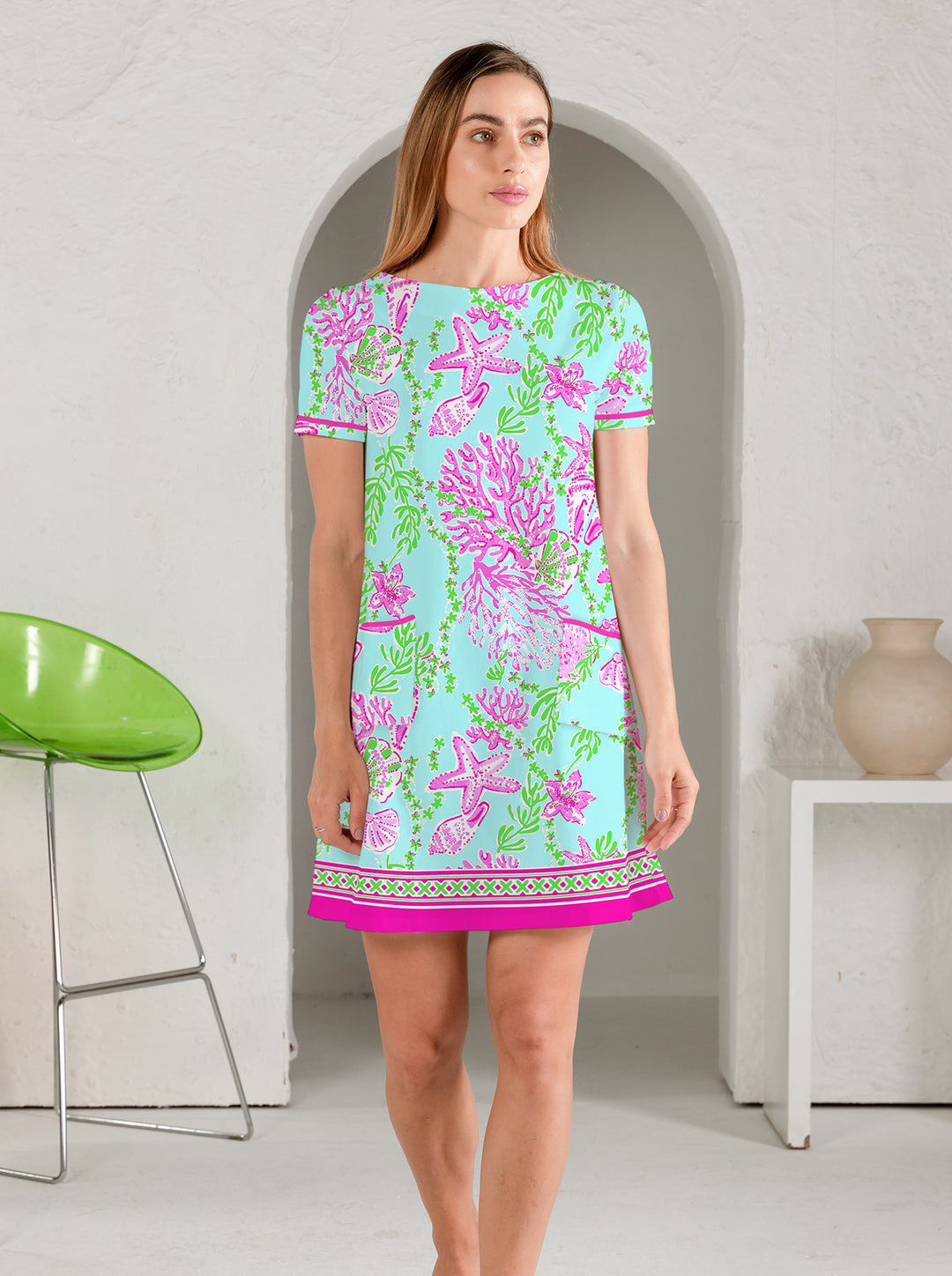 Bermuda Reef Print Cotton Knit Short Sleeve Front Piping Pocket Dress (Slim Fit)