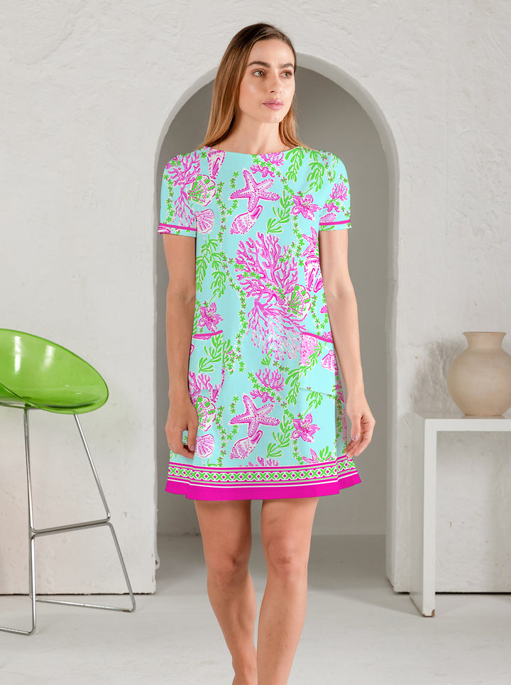Bermuda Reef Print Cotton Knit Short Sleeve Front Piping Pocket Dress (Slim Fit)