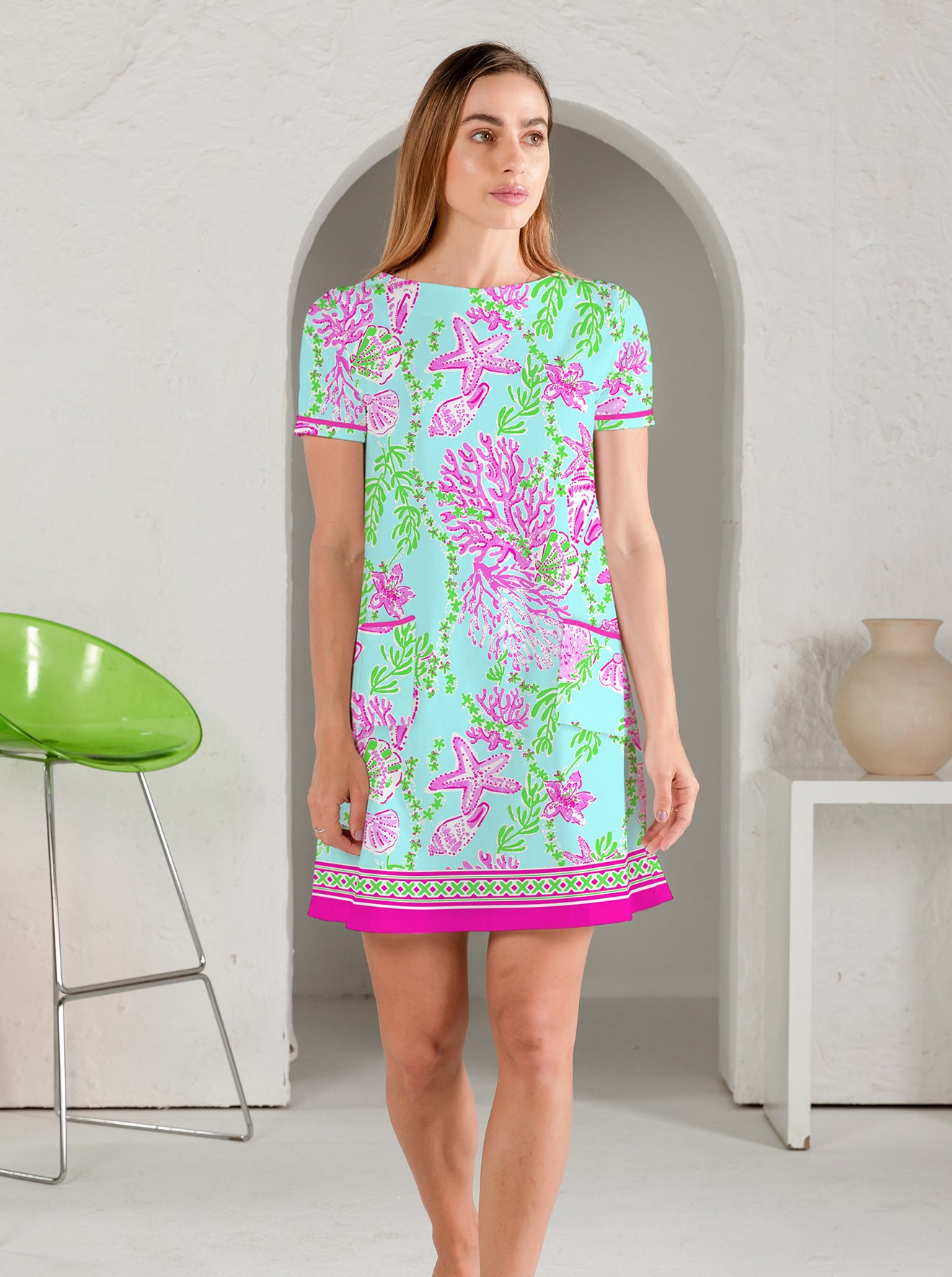 Bermuda Reef Print Cotton Knit Short Sleeve Front Piping Pocket Dress