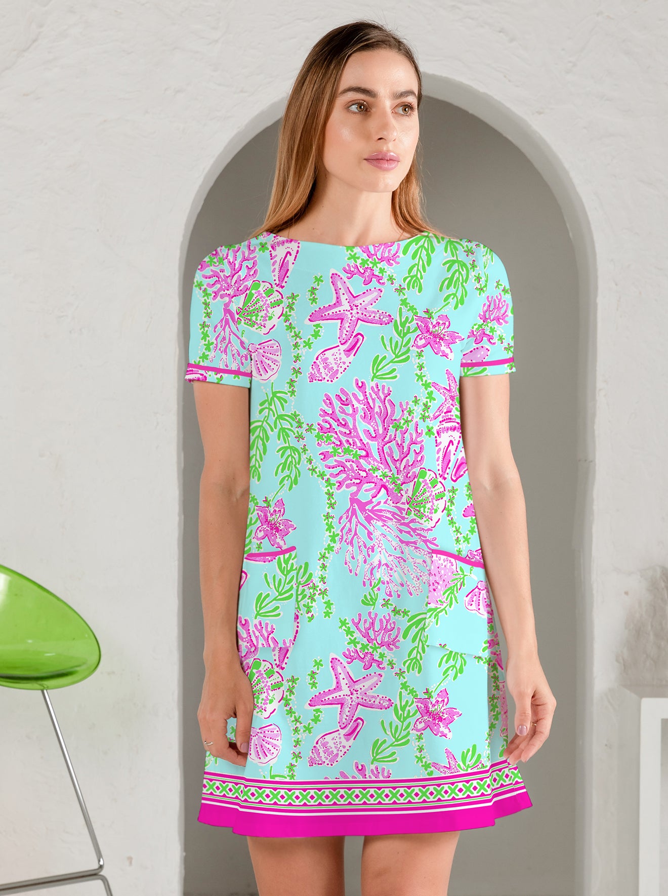 Bermuda Reef Print Cotton Knit Short Sleeve Front Piping Pocket Dress