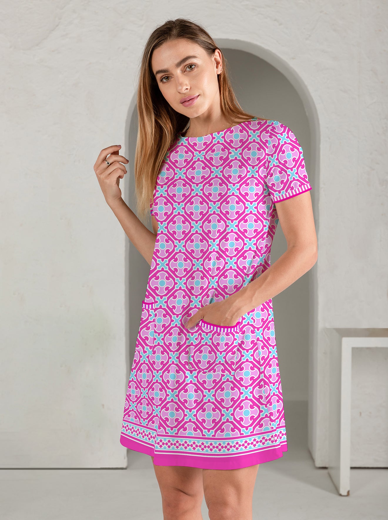 Monika Print Cotton Knit Short Sleeve Front Piping Pocket Dress