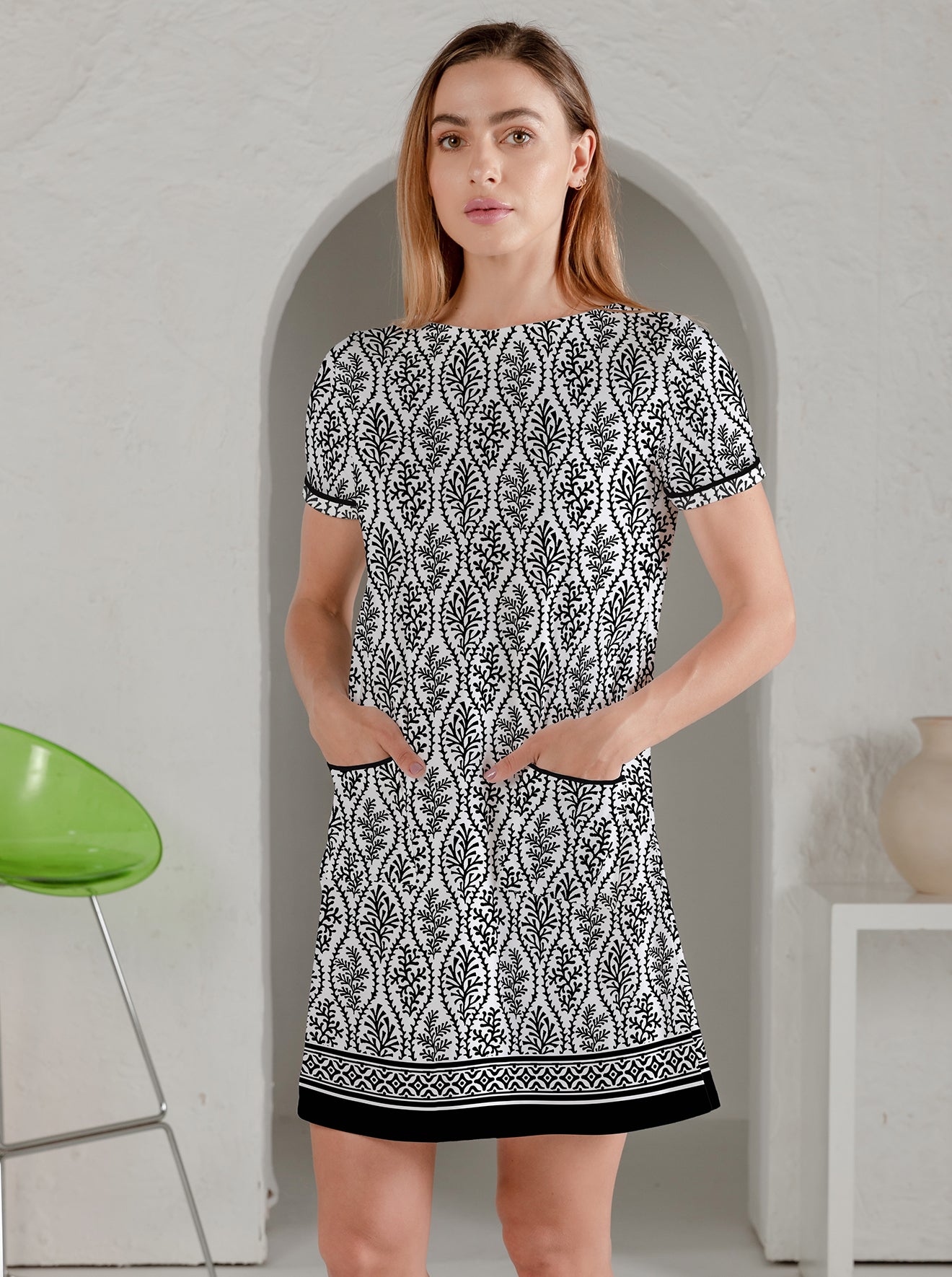 St. Lucia Print Cotton Knit Short Sleeve Front Pocket Dress