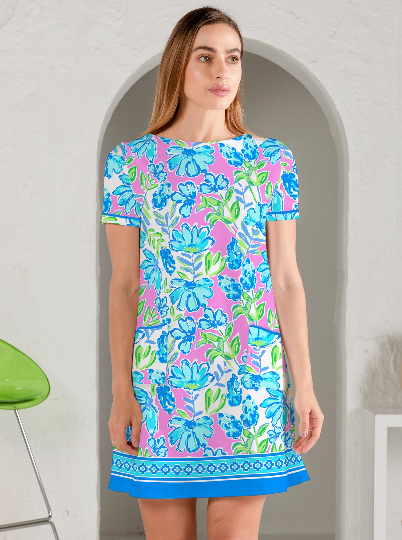 Tuscan Print Cotton Knit Short Sleeve Front Pocket Dress