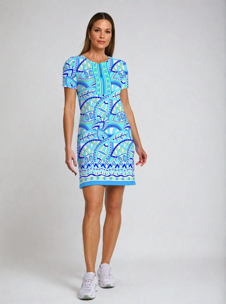 Valencia Print Cotton Knit Half Sleeve Slit Neck Dress (Regular Fit)