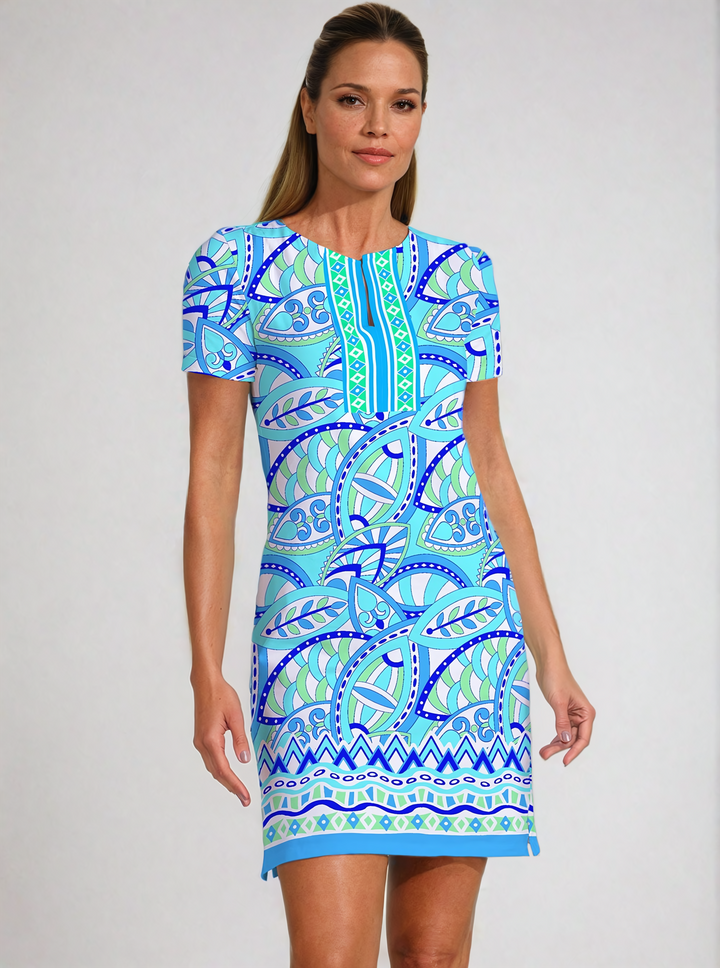 Valencia Print Cotton Knit Half Sleeve Slit Neck Dress (Regular Fit)