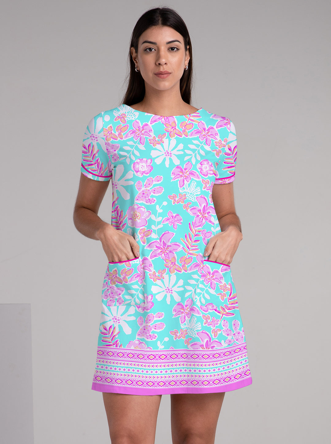 Paradise Island Print Cotton Knit Short Sleeve Front Pocket Dress (Slim Fit)