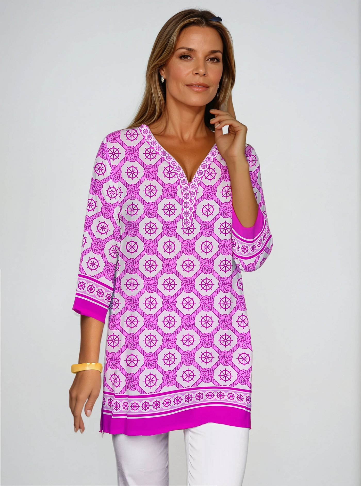 Forget me Knot Print 3/4 Sleeve V-Neck Placket Tunic