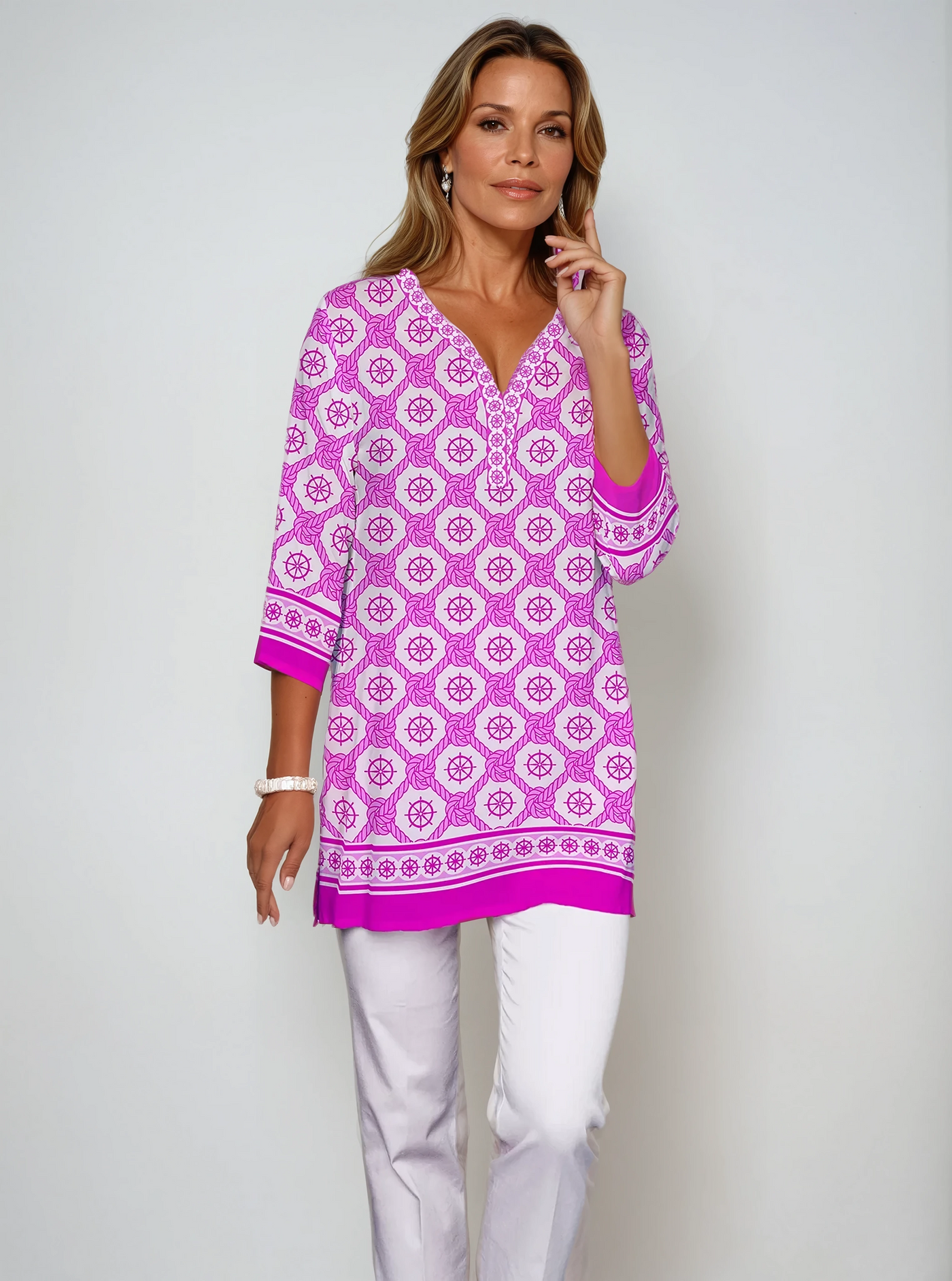 Forget me Knot Print 3/4 Sleeve V-Neck Placket Tunic