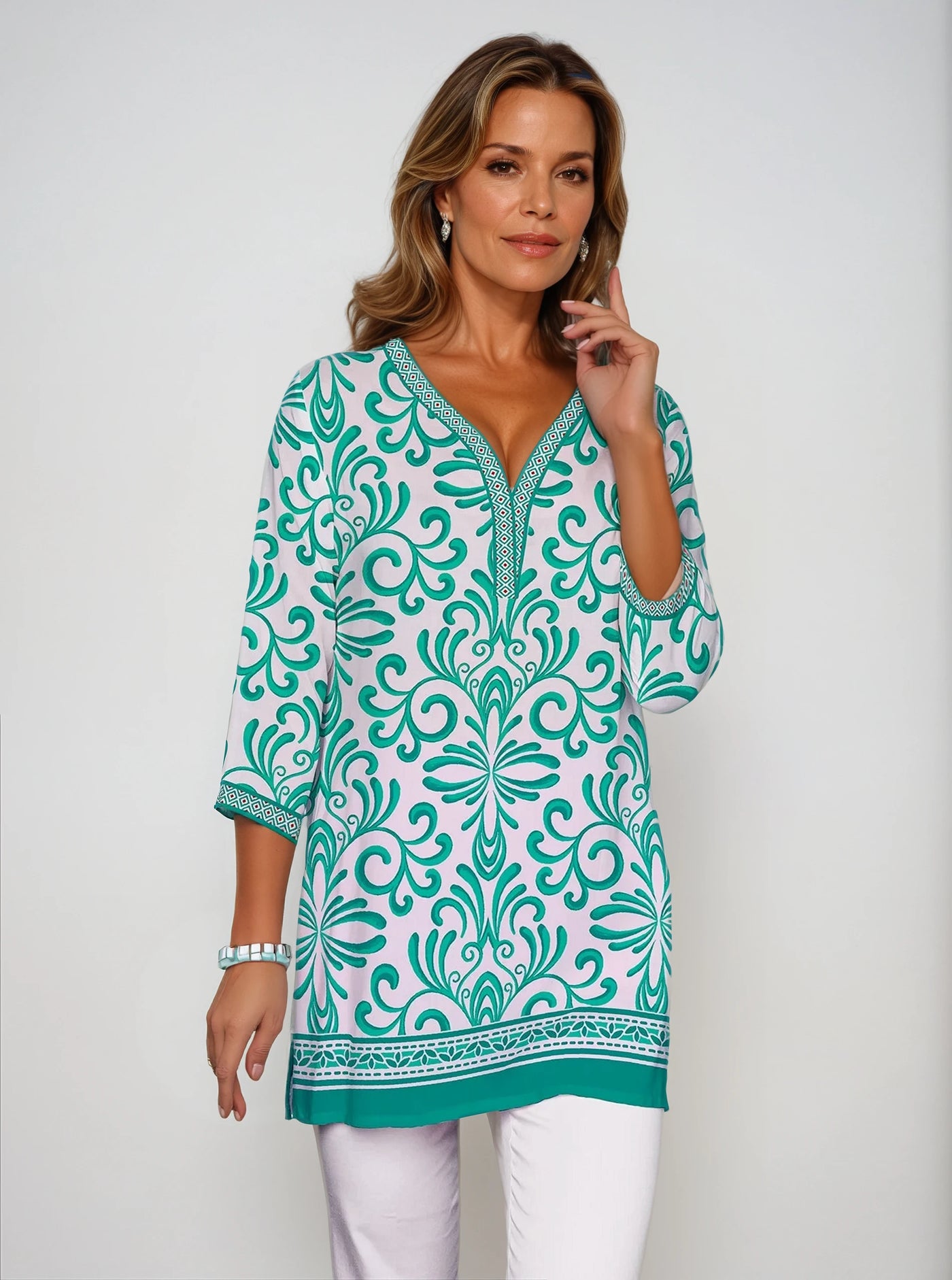 Bonanza Print 3/4 Sleeve V-Neck Placket Tunic