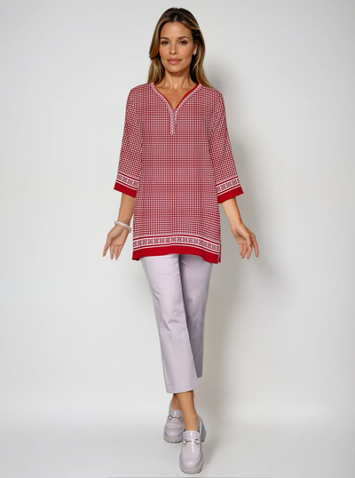 Vichy Check Print 3/4 Sleeve V-Neck Placket Tunic