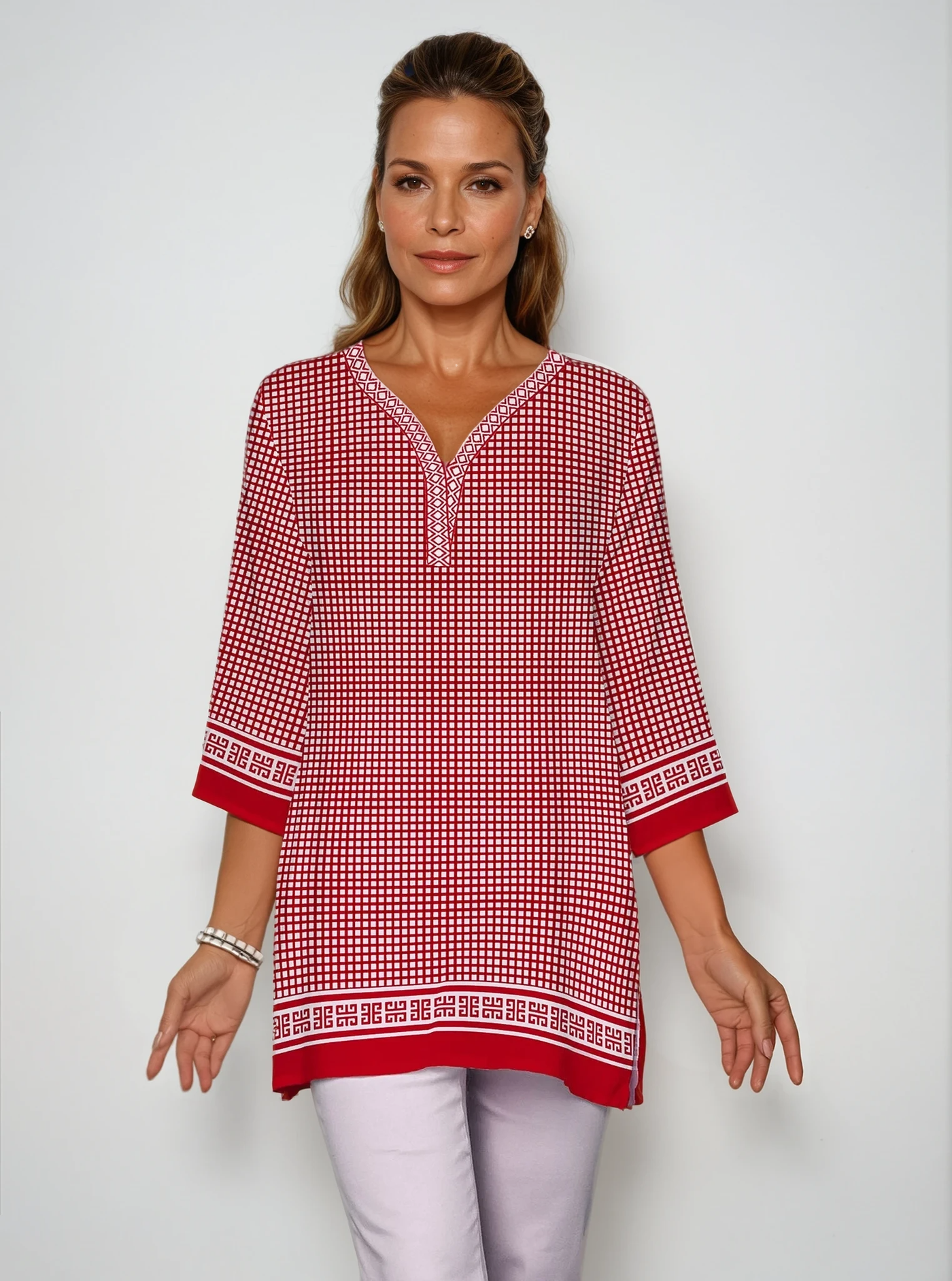 Vichy Check Print 3/4 Sleeve V-Neck Placket Tunic