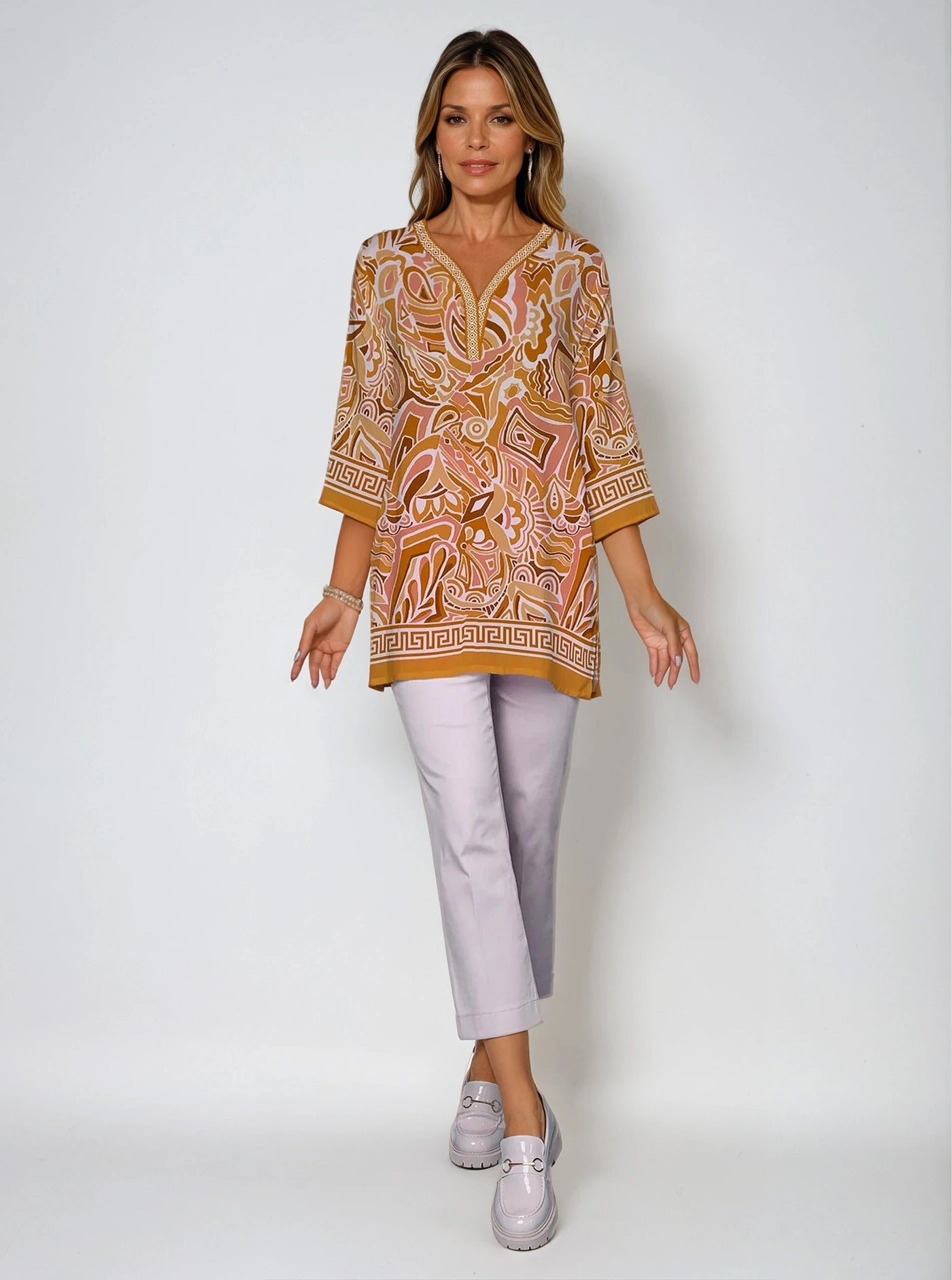 Historia Print 3/4 Sleeve V-Neck Placket Tunic