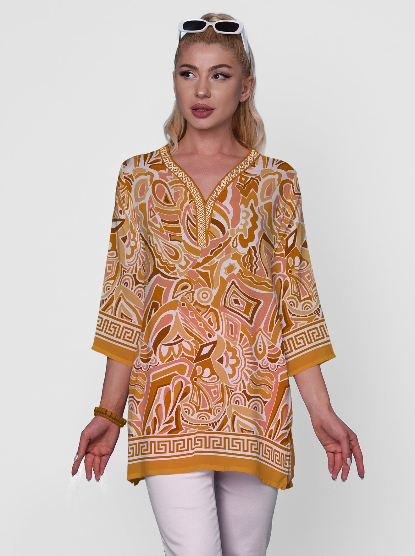 Historia Print 3/4 Sleeve V-Neck Placket Tunic