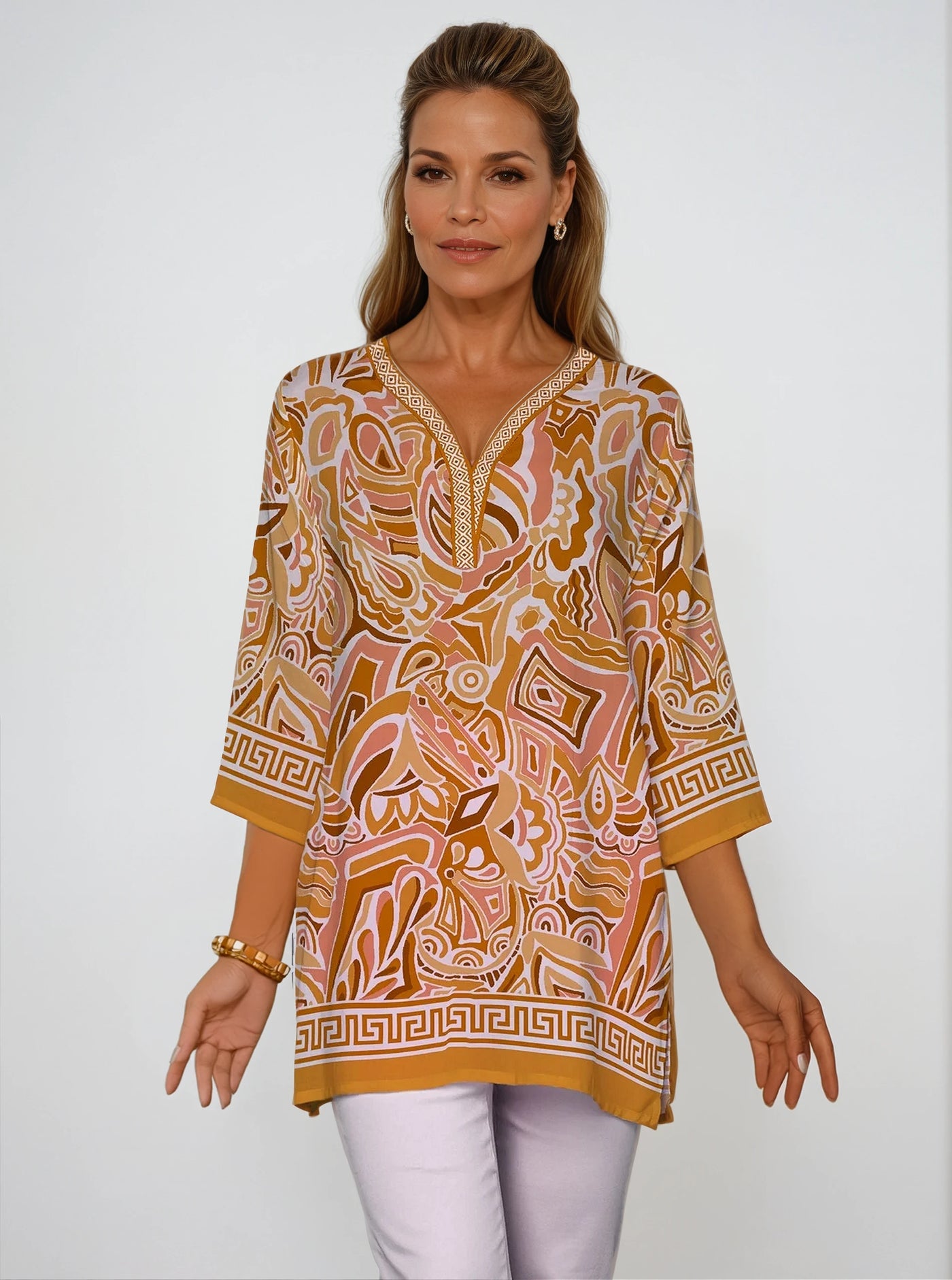 Historia Print 3/4 Sleeve V-Neck Placket Tunic