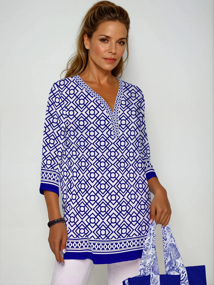 Trelis Print Cotton Knit 3/4 Sleeve V-Neck Placket Tunic