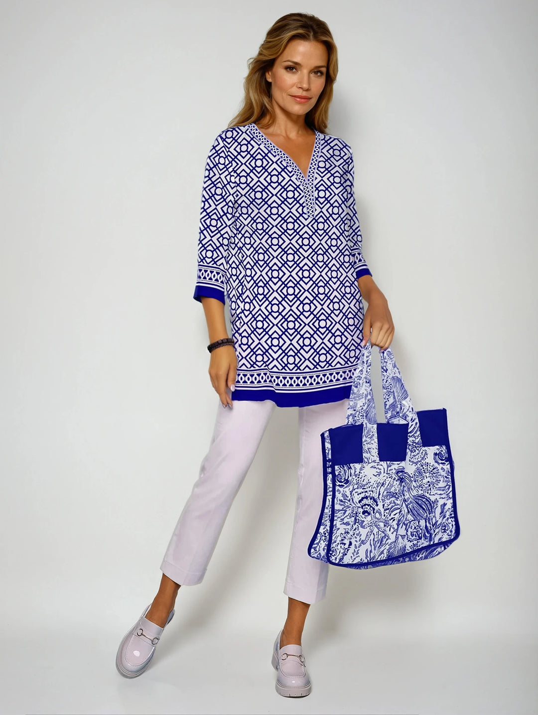 Trelis Print Cotton Knit 3/4 Sleeve V-Neck Placket Tunic