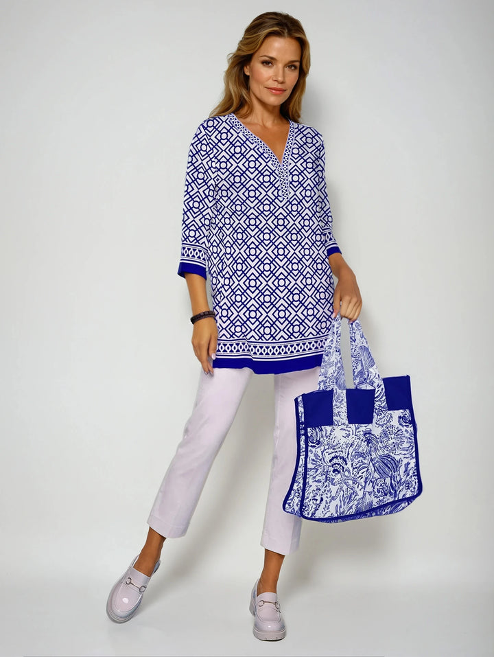 Trelis Print Cotton Knit 3/4 Sleeve V-Neck Placket Tunic