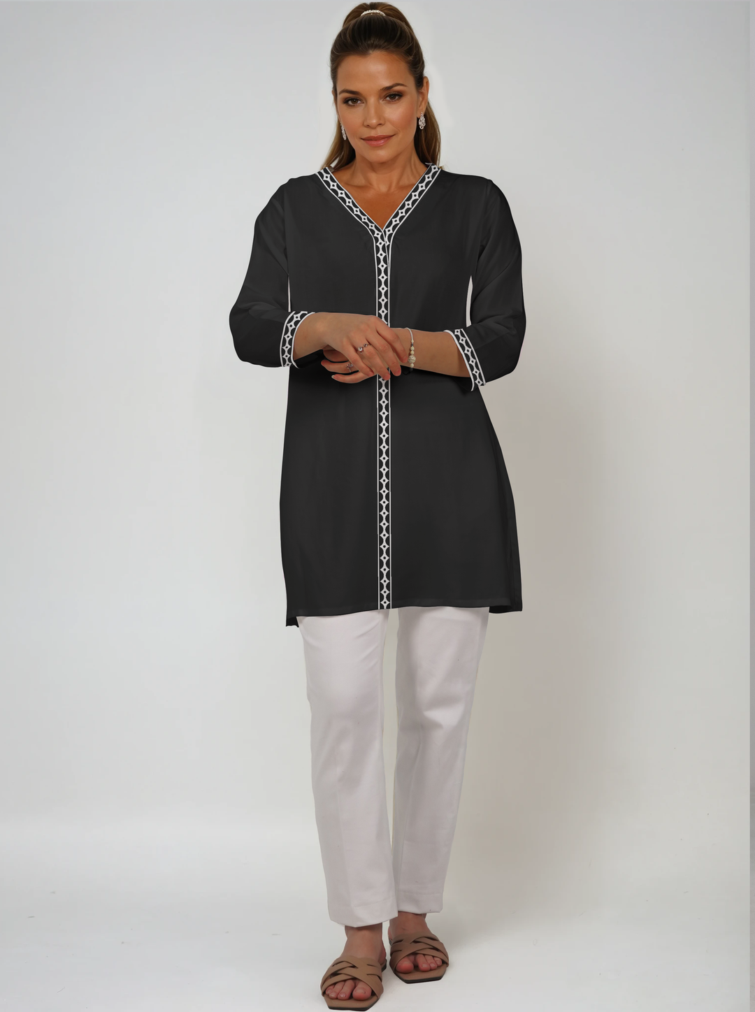 Solid Cotton Knit 3/4 Sleeve V-Neck Placket Tunic