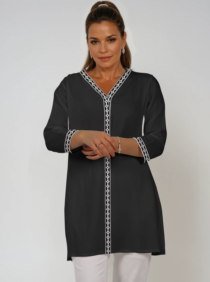 Solid Cotton Knit 3/4 Sleeve V-Neck Placket Tunic