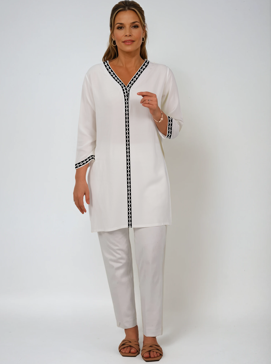 Solid Cotton Knit 3/4 Sleeve V-Neck Placket Tunic