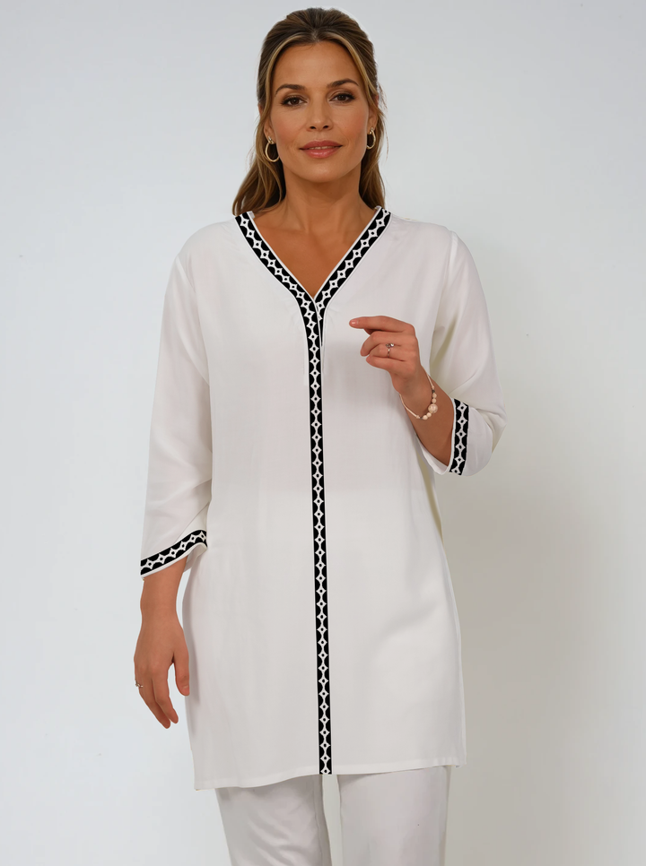 Solid Cotton Knit 3/4 Sleeve V-Neck Placket Tunic