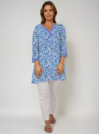 Daisy Print 3/4 Sleeve V-Neck Placket Rayon Tunic