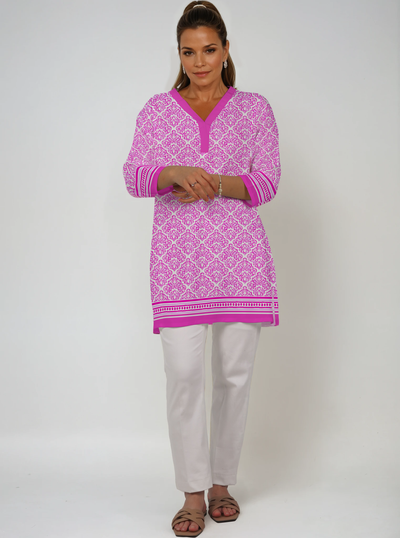 Fobia Print 3/4 Sleeve V-Neck Placket Tunic