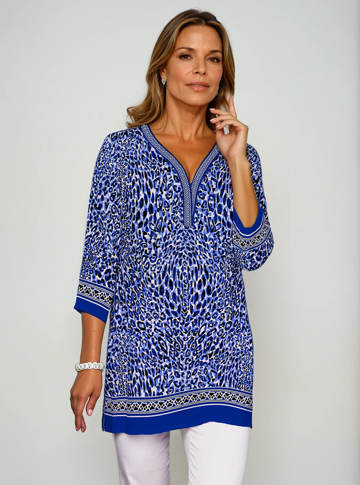 Cat Country Print Cotton Knit 3/4 Sleeve V-Neck Placket Tunic
