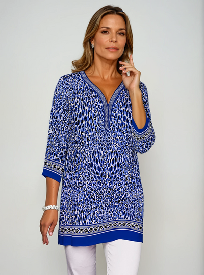 Cat Country Print 3/4 Sleeve V-Neck Placket Tunic