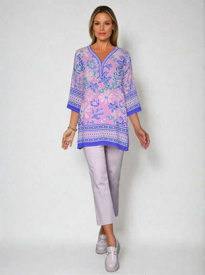 Paradise Island Print 3/4 Sleeve V-Neck Placket Tunic