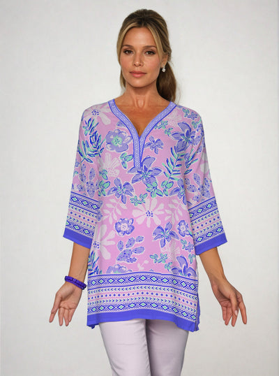 Paradise Island Print 3/4 Sleeve V-Neck Placket Tunic