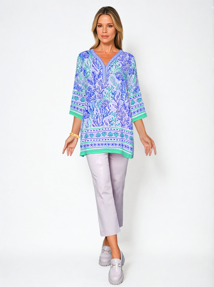 Deep Sea Print Cotton Knit 3/4 Sleeve V-Neck Placket Tunic