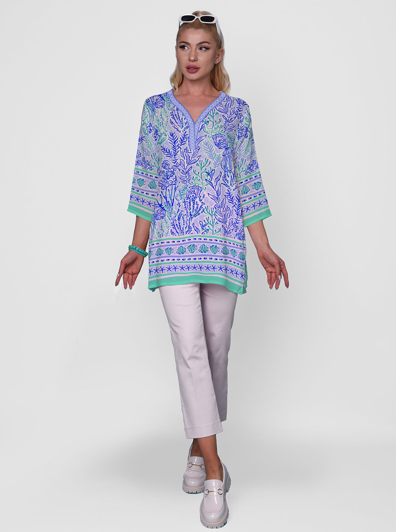 Deep Sea Print 3/4 Sleeve V-Neck Placket Tunic