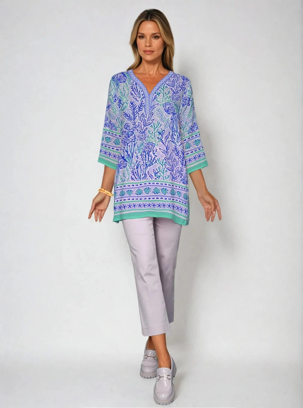 Deep Sea Print 3/4 Sleeve V-Neck Placket Tunic