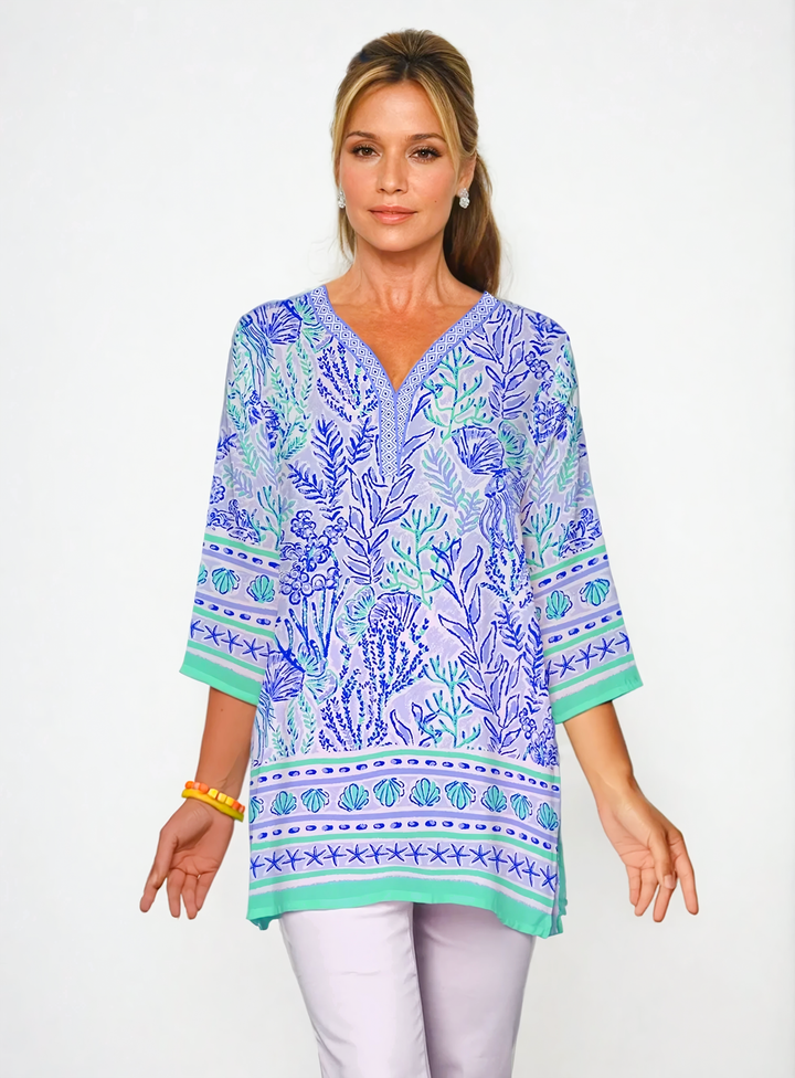Deep Sea Print Cotton Knit 3/4 Sleeve V-Neck Placket Tunic