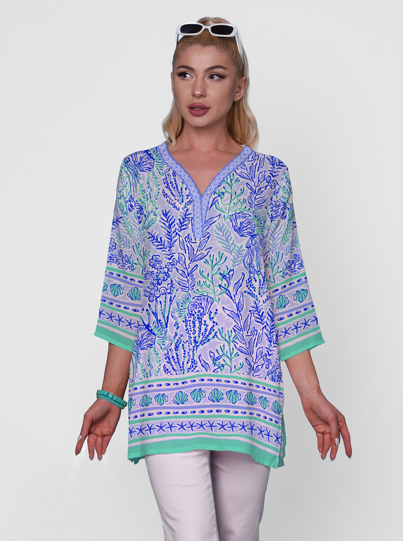 Deep Sea Print 3/4 Sleeve V-Neck Placket Tunic