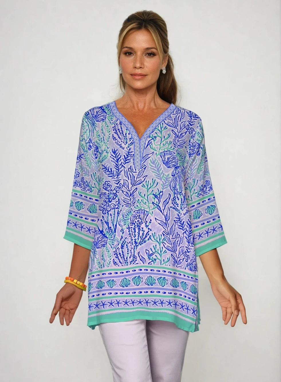 Deep Sea Print 3/4 Sleeve V-Neck Placket Tunic