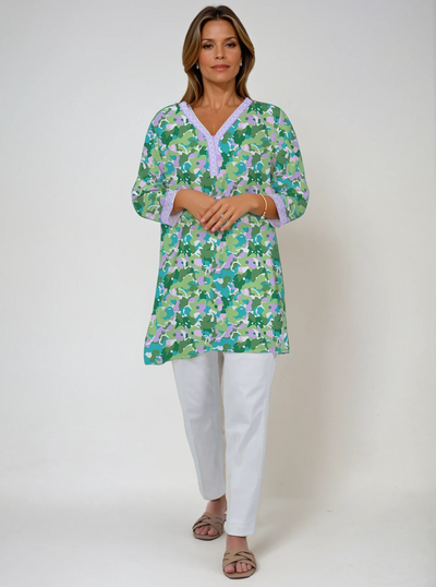 Flora Print 3/4 Sleeve V-Neck Placket Rayon Tunic