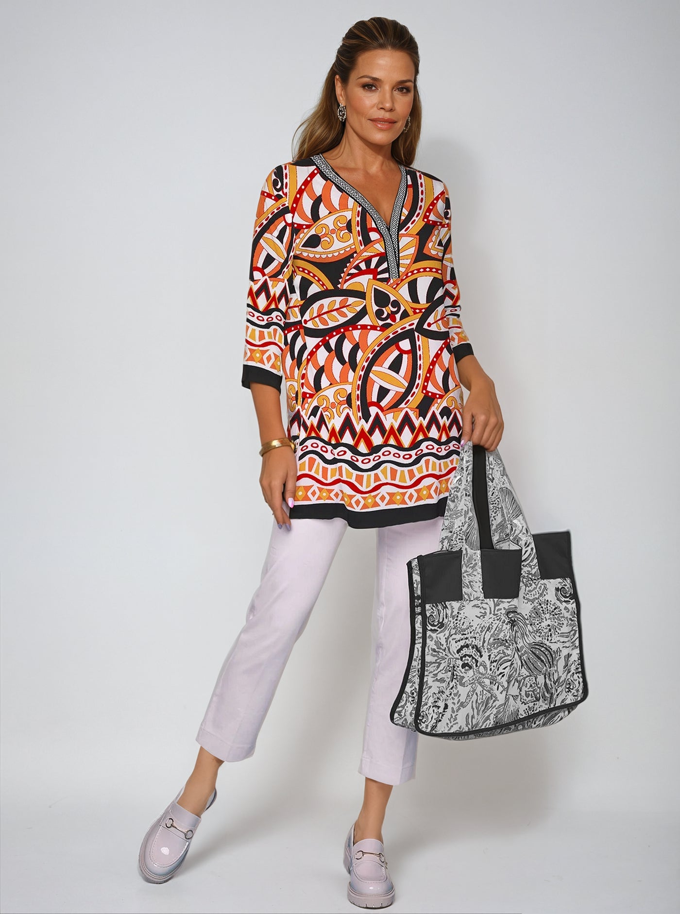 Valencia Print 3/4 Sleeve V-Neck Placket Tunic