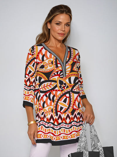 Valencia Print 3/4 Sleeve V-Neck Placket Tunic