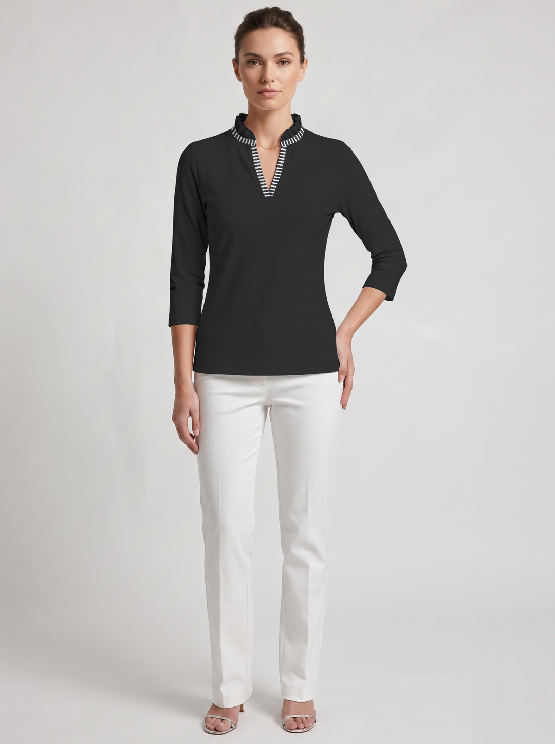 Solid Knit 3/4 Sleeve Ruffle Collar Top with Placket Trim