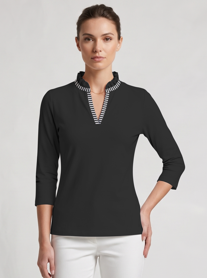 Solid Knit 3/4 Sleeve Ruffle Collar Top with Placket Trim