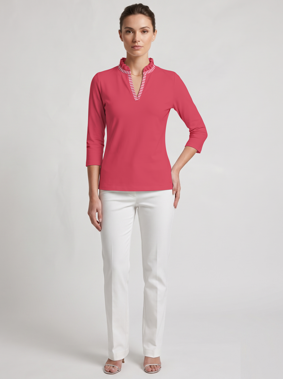 Solid Knit 3/4 Sleeve Ruffle Collar Top with Placket Trim