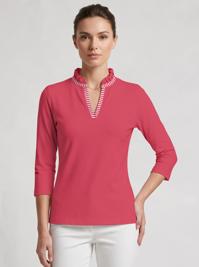 Solid Knit 3/4 Sleeve Ruffle Collar Top with Placket Trim – Rezobay