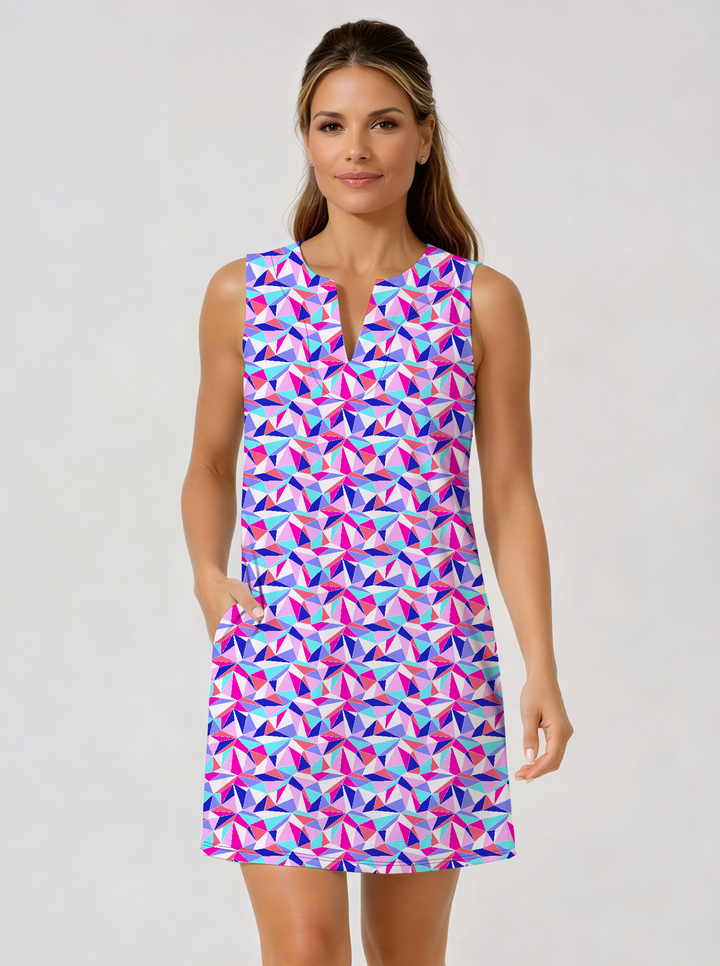 Diamond Printed Sleeveless V-Neck Notch Poly Dress W/Pocket (Slim Fit)