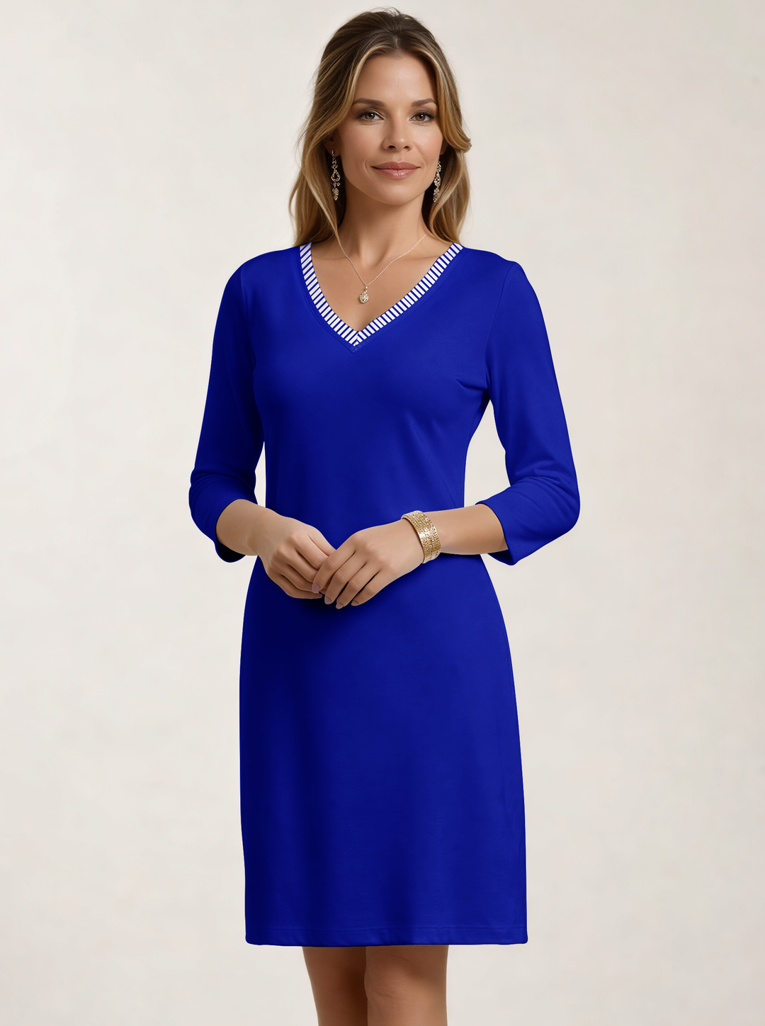 3/4 Sleeve V-Neck Poly Dress